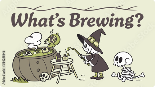 Illustration of a cartoon witch stirs a bubbling cauldron of potion ingredients while a skeleton watches nearby