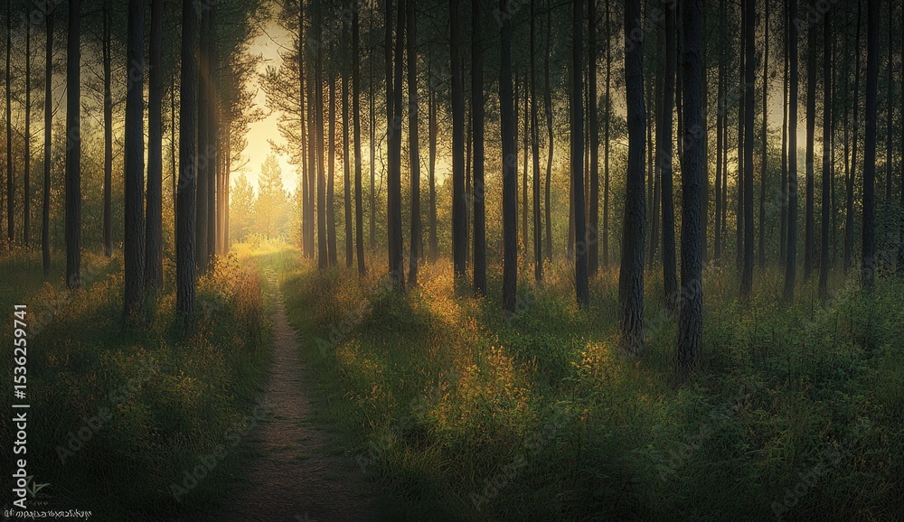 Fototapeta premium Sunlit path through a misty forest (1)