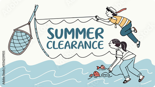 Illustration of two children playfully catch strawberries in a net during a summer clearance sale