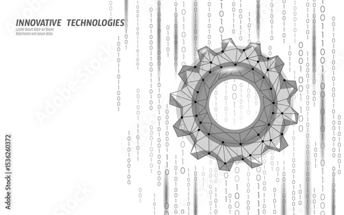 Digital gear with binary code overlay. Low poly network mechanics concept art. Engineering technology software applications. Futuristic connection white background vector