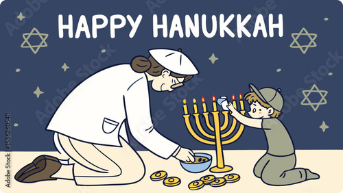 Illustration of a woman and child light candles on a menorah during a hanukkah celebration