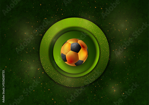 Golden soccer ball on the grunge green background with dots particles. Abstract sport vector design
