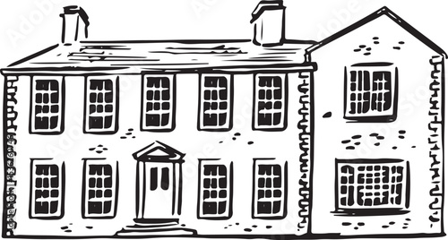Bronte Parsonage Museum, Haworth, Bradford ink drawing. Georgian two-story building. English house facade simple vector drawing. Historical cultural sites for tourism. 