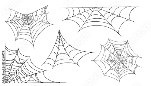 Spiderweb corner line border, gothic scary hanging net frame. Simple spooky halloween decoration. Cobweb spider trap.