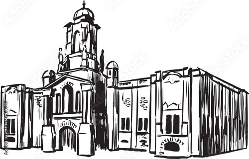 Cartwright Hall, Bradford, England ink illustration. Civic art gallery tourist attraction  destination. Baroque architectural style sketches. Famous historical houses and buildings vector drawing. 
