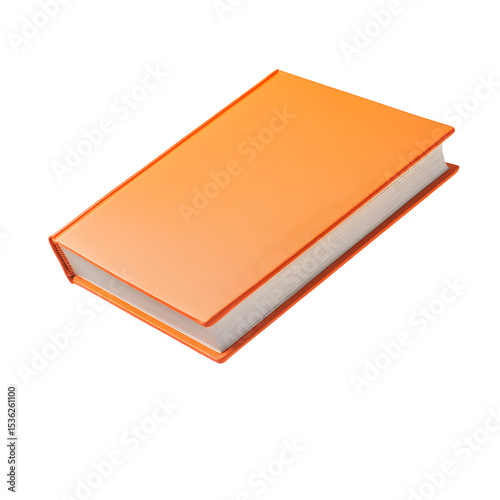 A realistic, bright orange book with a blank cover floating at an angle in mid-air on a white background.