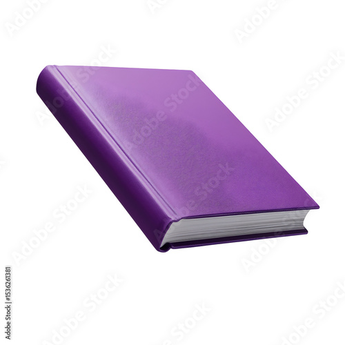 A realistic purple book floating in mid-air, showcasing its spine and pages, isolated on a clean background.