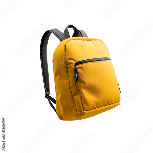 A realistic yellow vintage-style backpack floating in mid-air, featuring multiple pockets and straps, isolated on a white background.