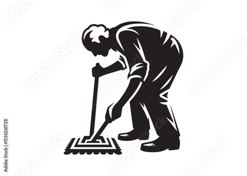A old aged man are cleaning the floor with floor mat Silhouette Vector