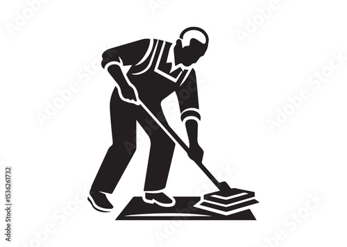 A old aged man are cleaning the floor with floor mat Silhouette Vector