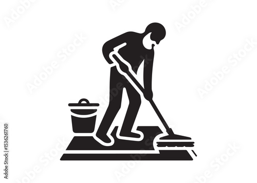 A old aged man are cleaning the floor with floor mat Silhouette Vector