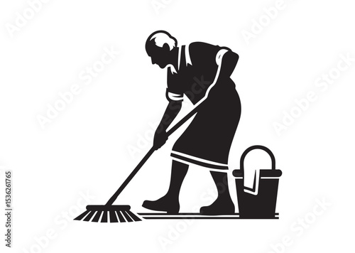 A old aged man are cleaning the floor with floor mat Silhouette Vector