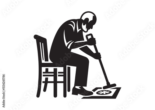 A old aged man are cleaning the floor with floor mat Silhouette Vector