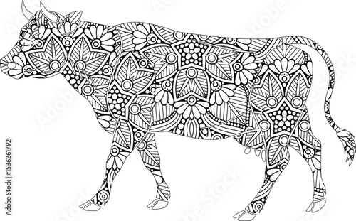 Intricate Floral Cow Mandala Adult Coloring Page, Zentangle Cow Design