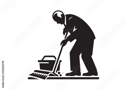 A old aged man are cleaning the floor with floor mat Silhouette Vector