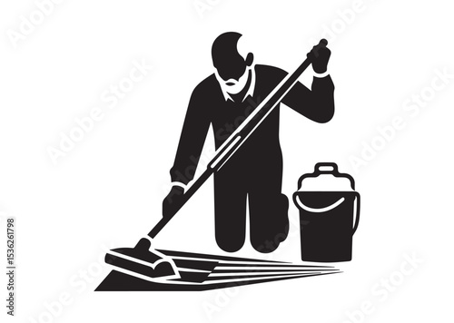 A old aged man are cleaning the floor with floor mat Silhouette Vector