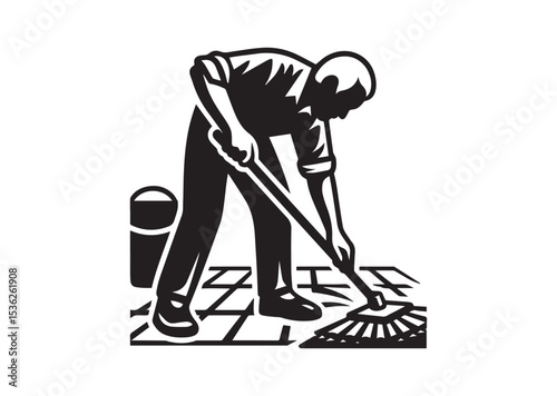 A old aged man are cleaning the floor with floor mat Silhouette Vector