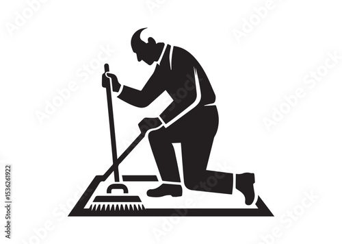 A old aged man are cleaning the floor with floor mat Silhouette Vector