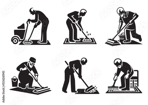 A old aged man are cleaning the floor with floor mat Silhouette Vector Set