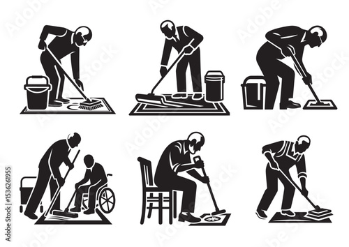 A old aged man are cleaning the floor with floor mat Silhouette Vector Set