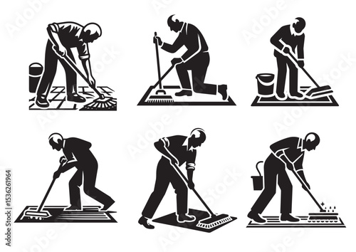 A old aged man are cleaning the floor with floor mat Silhouette Vector Set
