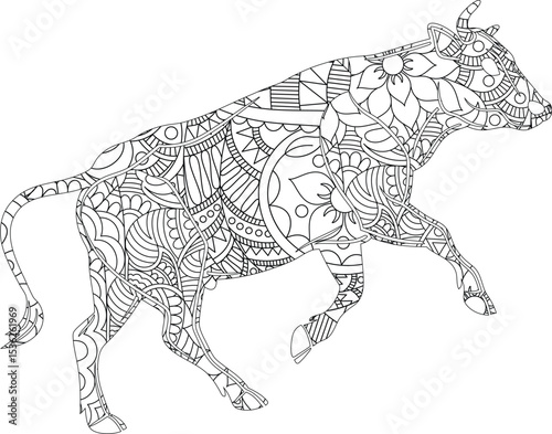 Intricate Zentangle Cow Adult Coloring Page, Bovine Mandala Design