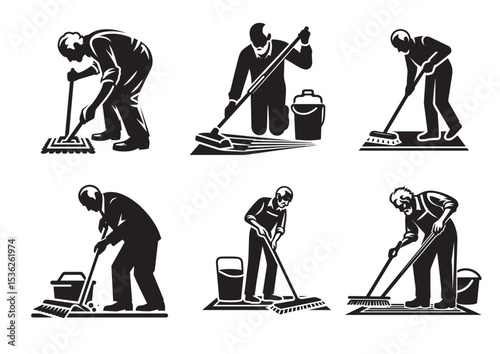 A old aged man are cleaning the floor with floor mat Silhouette Vector Set