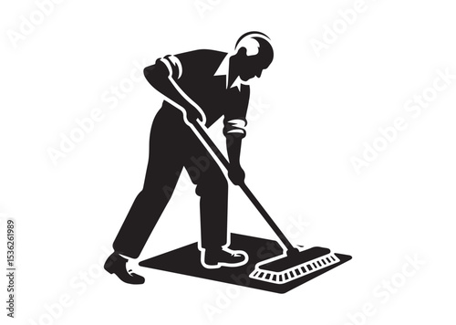 A old aged man are cleaning the floor with floor mat Silhouette Vector
