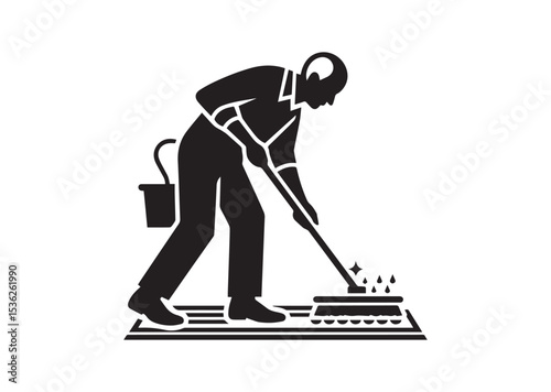 A old aged man are cleaning the floor with floor mat Silhouette Vector