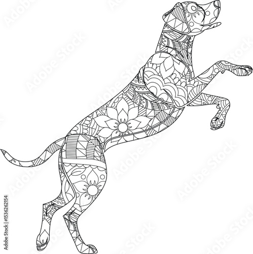 Intricate Mandala Dog Adult Coloring Page, Jumping Canine Illustration