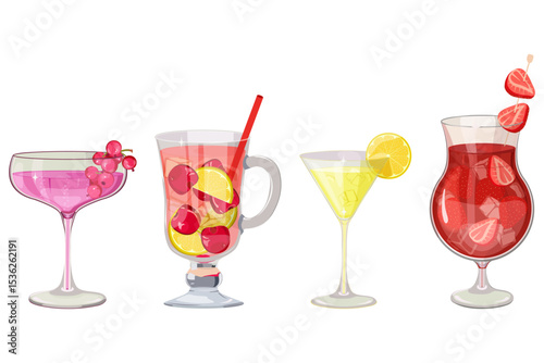 Set of cocktails. Vector illustration of  drinks in different types of glasses. Set of fresh smoothies. Delicious soft drinks with berries on a isolated background.