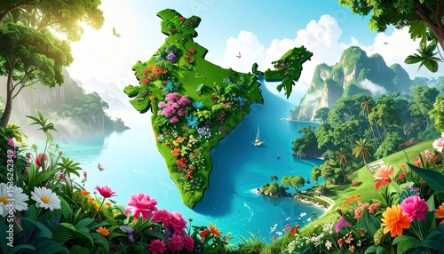 Eco India Map – 3D Green Landscape Illustration with Flowers and Water Bodies