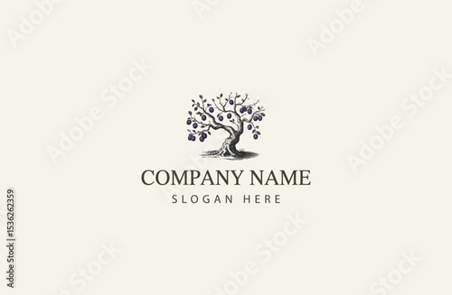 Vintage Engraving Style Illustration of a plum Tree with Fruits Logo Design 