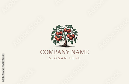 Vintage Style Tomato Tree Engraving Logo Design Illustration