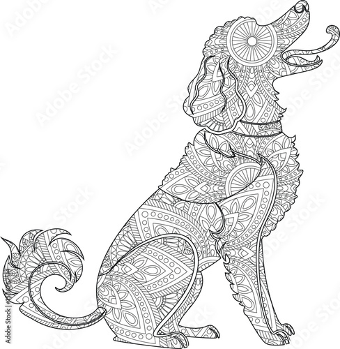 Intricate Mandala Dog Adult Coloring Page, Detailed Zentangle Canine Illustration