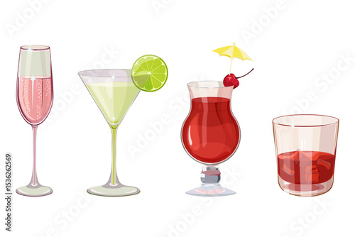 Set of cocktails. Vector illustration of classical drinks in different types of glasses. Banner with alcohol drinks like aperol spritz, champagne, negroni, white russian, espresso martini

