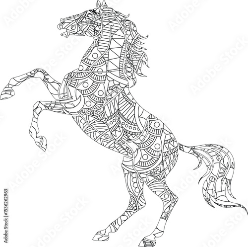 Intricate Zentangle Horse Adult Coloring Page, Majestic Stallion, Detailed Line Art