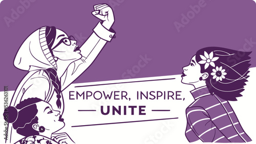 Illustration of three women stand together, one raising her fist in a powerful display of empowerment, unity, and strength