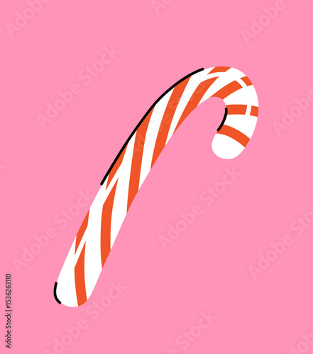 Christmas candy cane on pink background, colorful modern hand drawn vector illustration, drawing, flat style