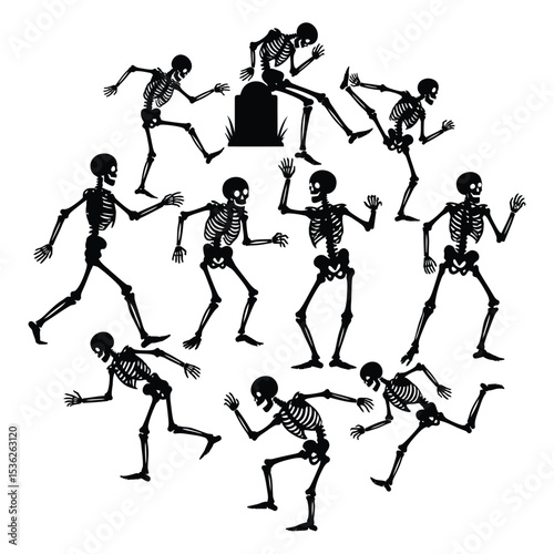 Black Silhouette Skeleton Character Vector Set in Spooky Action Pose with Grave .