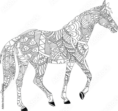 Intricate Zentangle Horse Adult Coloring Page Printable Line Art Design