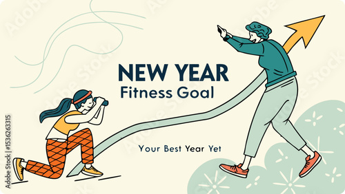 Illustration of woman celebrates her new year fitness goal with a determined upward climb