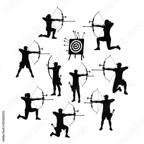 Archery Silhouette Vector | Bow and Arrow Archer Clipart | Target Practice EPS Design for Sports and Hunting .