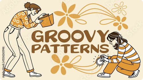 Illustration of two women admire groovy patterns in a retro illustration