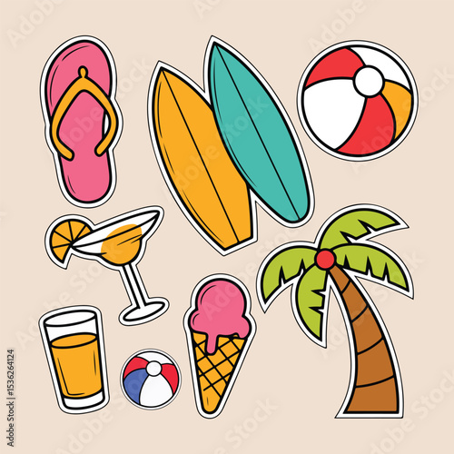 Colorful Summer Beach Vacation Stickers Set with Ice Cream, Palm, and Surfboard Elements