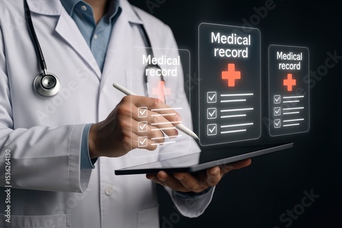 Doctor interacting with multiple virtual medical records on a tablet.
