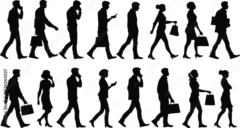 Fototapeta premium a group of people silhouettes walking, a diversity of people walking, walking silhouettes of men and women, people walking in different poses and directions, various human silhouettes in motion, walki
