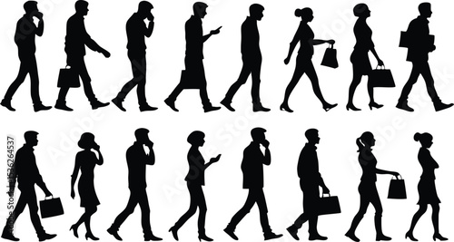 a group of people silhouettes walking, a diversity of people walking, walking silhouettes of men and women, people walking in different poses and directions, various human silhouettes in motion, walki