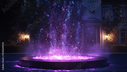 Mystical fountain of violet light, dark night photo