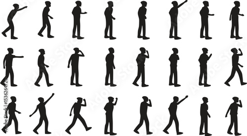 2D vector silhouette figures, walking poses, walking motion, people walking, walking human figures, walking man, walking posture, walking animation frames, motion study, black and white, minimalist
